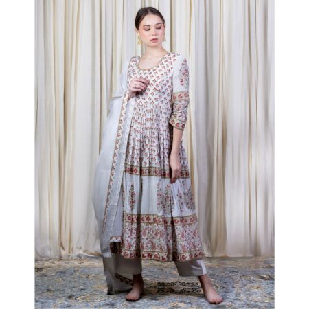 White Gathered Anarkali Set